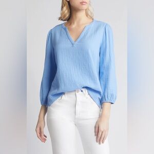 Caslon by Nordstrom 3/4 Sleeve Cotton Gauze Popover Top, Blue Cornflower, XL